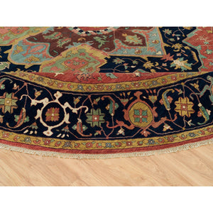 14'x14' Sangria Red With Stratos Blue Border, Antiqued Extra Soft Wool Heriz With Fine Re-creation, Hand Knotted Oriental Soft Pile Dense Weave Round Rug FWR541782