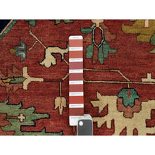 Load image into Gallery viewer, 14&#39;x14&#39; Sangria Red With Stratos Blue Border, Antiqued Extra Soft Wool Heriz With Fine Re-creation, Hand Knotted Oriental Soft Pile Dense Weave Round Rug FWR541782