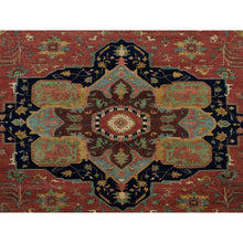 Load image into Gallery viewer, 14&#39;x14&#39; Sangria Red With Stratos Blue Border, Antiqued Extra Soft Wool Heriz With Fine Re-creation, Hand Knotted Oriental Soft Pile Dense Weave Round Rug FWR541782