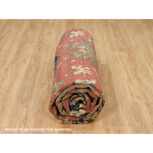 14'x14' Sangria Red With Stratos Blue Border, Antiqued Extra Soft Wool Heriz With Fine Re-creation, Hand Knotted Oriental Soft Pile Dense Weave Round Rug FWR541782