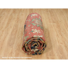 Load image into Gallery viewer, 14&#39;x14&#39; Sangria Red With Stratos Blue Border, Antiqued Extra Soft Wool Heriz With Fine Re-creation, Hand Knotted Oriental Soft Pile Dense Weave Round Rug FWR541782