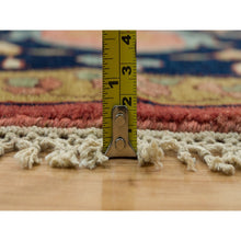 Load image into Gallery viewer, 14&#39;x14&#39; Sangria Red With Stratos Blue Border, Antiqued Extra Soft Wool Heriz With Fine Re-creation, Hand Knotted Oriental Soft Pile Dense Weave Round Rug FWR541782