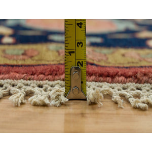 14'x14' Sangria Red With Stratos Blue Border, Antiqued Extra Soft Wool Heriz With Fine Re-creation, Hand Knotted Oriental Soft Pile Dense Weave Round Rug FWR541782