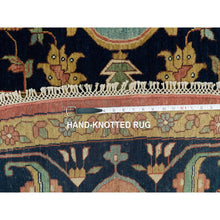 Load image into Gallery viewer, 14&#39;x14&#39; Sangria Red With Stratos Blue Border, Antiqued Extra Soft Wool Heriz With Fine Re-creation, Hand Knotted Oriental Soft Pile Dense Weave Round Rug FWR541782