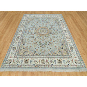 7'7"x9'9" Celeste Blue, 250 Kpsi, Nain With Floral Pattern, 100% Wool, Hand Knotted, Square Oriental Rug FWR541914