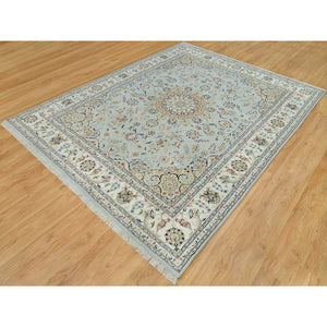 7'7"x9'9" Celeste Blue, 250 Kpsi, Nain With Floral Pattern, 100% Wool, Hand Knotted, Square Oriental Rug FWR541914