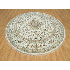 12'x12' Dove White, Hand Knotted, 250 Kpsi, 100% Wool, Nain With Center Medallion Flower Design, Round Oriental Rug FWR541974
