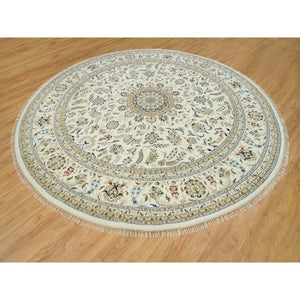 12'x12' Dove White, Hand Knotted, 250 Kpsi, 100% Wool, Nain With Center Medallion Flower Design, Round Oriental Rug FWR541974