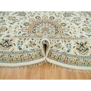 12'x12' Dove White, Hand Knotted, 250 Kpsi, 100% Wool, Nain With Center Medallion Flower Design, Round Oriental Rug FWR541974