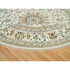 12'x12' Dove White, Hand Knotted, 250 Kpsi, 100% Wool, Nain With Center Medallion Flower Design, Round Oriental Rug FWR541974