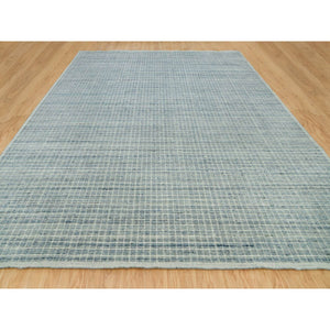12'3"x14'9" Stone Blue, Natural Wool, Modern Box Design with Plain Decor Loomed Knotted, Oriental Oversized Rug FWR542016