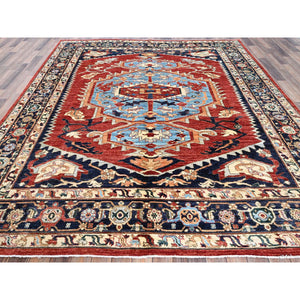 8'1"x9'8" Scarlet Red, Peshawar Heriz with Antique Serapi Design, Hand Knotted, Shiny High Mountain Wool, Vegetable Dyes, Densely Woven, Soft Pile, Oriental Rug FWR5418