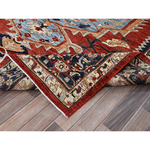 8'1"x9'8" Scarlet Red, Peshawar Heriz with Antique Serapi Design, Hand Knotted, Shiny High Mountain Wool, Vegetable Dyes, Densely Woven, Soft Pile, Oriental Rug FWR5418
