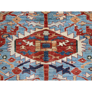 8'1"x9'8" Scarlet Red, Peshawar Heriz with Antique Serapi Design, Hand Knotted, Shiny High Mountain Wool, Vegetable Dyes, Densely Woven, Soft Pile, Oriental Rug FWR5418