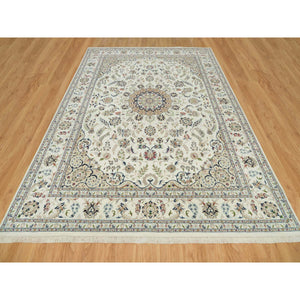 8'8"x12'1" Baby Powder White, 250 Kpsi, 100% Wool, Nain With Center Medallion Flower Design, Hand Knotted, Oriental Rug FWR542454