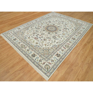 8'8"x12'1" Baby Powder White, 250 Kpsi, 100% Wool, Nain With Center Medallion Flower Design, Hand Knotted, Oriental Rug FWR542454