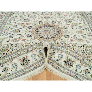 8'8"x12'1" Baby Powder White, 250 Kpsi, 100% Wool, Nain With Center Medallion Flower Design, Hand Knotted, Oriental Rug FWR542454