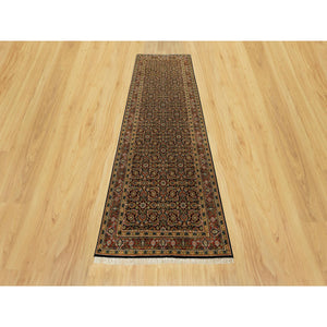 4'x11'9" Jet Black With Bay Red, All Over Fish Mahi Herati Design, Natural Wool, Hand Knotted, Wide Runner Oriental Rug FWR542640