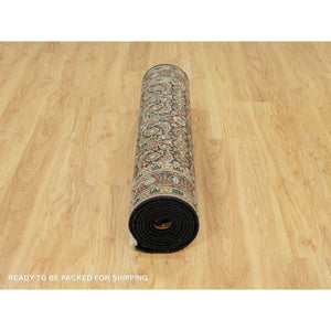 4'x11'9" Jet Black With Bay Red, All Over Fish Mahi Herati Design, Natural Wool, Hand Knotted, Wide Runner Oriental Rug FWR542640
