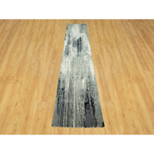 Load image into Gallery viewer, 2&#39;6&quot;x12&#39; Gunmetal Black With Vivid White, Hand Knotted, Soft To Touch, Abstract Design With Wool And Silk, Runner Oriental Rug FWR542778