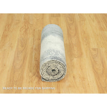 Load image into Gallery viewer, 2&#39;6&quot;x12&#39; Gunmetal Black With Vivid White, Hand Knotted, Soft To Touch, Abstract Design With Wool And Silk, Runner Oriental Rug FWR542778