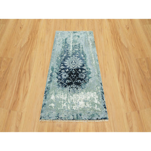 3'x5'10" Turquoise Blue, Wool and Silk, Persian Tabriz Design, Hand Knotted Broken and Erased, Runner Oriental Rug FWR542820
