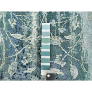 3'x5'10" Turquoise Blue, Wool and Silk, Persian Tabriz Design, Hand Knotted Broken and Erased, Runner Oriental Rug FWR542820