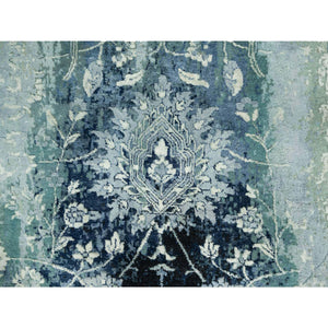 3'x5'10" Turquoise Blue, Wool and Silk, Persian Tabriz Design, Hand Knotted Broken and Erased, Runner Oriental Rug FWR542820