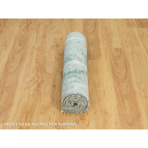 3'x5'10" Turquoise Blue, Wool and Silk, Persian Tabriz Design, Hand Knotted Broken and Erased, Runner Oriental Rug FWR542820