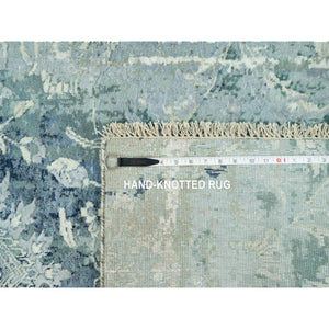 3'x5'10" Turquoise Blue, Wool and Silk, Persian Tabriz Design, Hand Knotted Broken and Erased, Runner Oriental Rug FWR542820