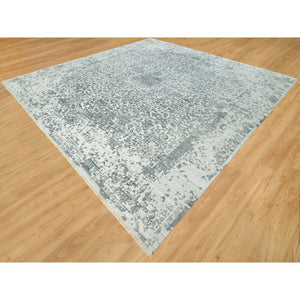 14'x14' Sea Salt Gray With Touches Of Foggy Day Gray, Hand Knotted , Broken and Erased Wool and Silk Persian Design, Oriental Square Rug FWR542862