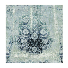 Load image into Gallery viewer, 8&#39;x8&#39; Tiffeny Blue, Hand Knotted Broken and Erased, Persian Tabriz Design, Wool and Silk, Square Oriental Rug FWR542892