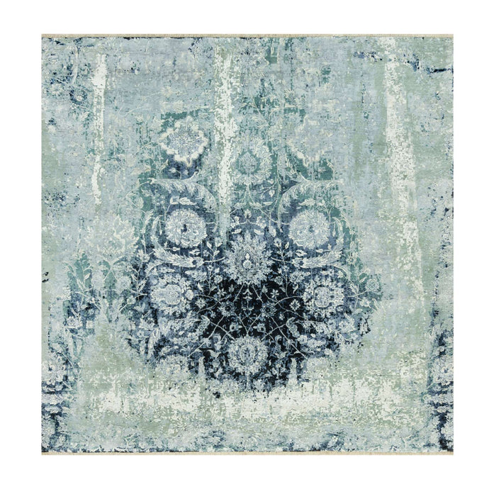 8'x8' Tiffeny Blue, Hand Knotted Broken and Erased, Persian Tabriz Design, Wool and Silk, Square Oriental Rug FWR542892
