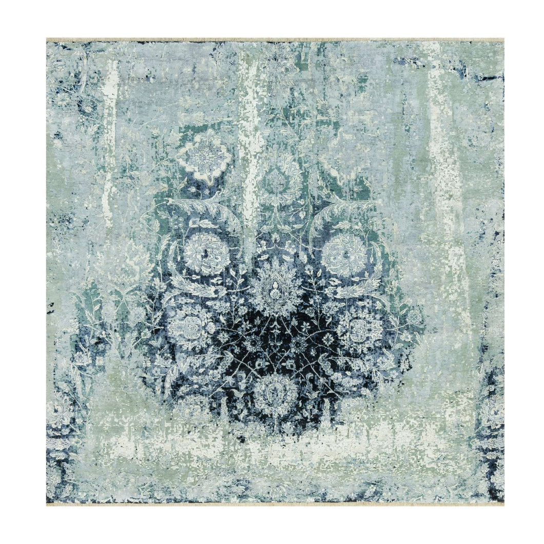 8'x8' Tiffeny Blue, Hand Knotted Broken and Erased, Persian Tabriz Design, Wool and Silk, Square Oriental Rug FWR542892