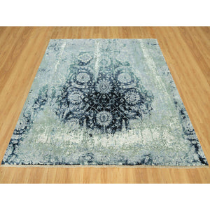 8'x8' Tiffeny Blue, Hand Knotted Broken and Erased, Persian Tabriz Design, Wool and Silk, Square Oriental Rug FWR542892