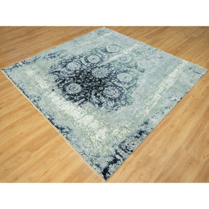 8'x8' Tiffeny Blue, Hand Knotted Broken and Erased, Persian Tabriz Design, Wool and Silk, Square Oriental Rug FWR542892