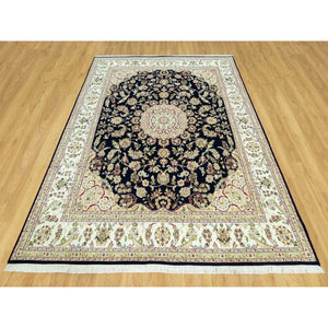 7'9"x9'9" Dark Night Blue, Nain Organic Wool With Large Central Medallion Surrounded By Floral Design, Oriental 250 Kpsi Hand Knotted Rug FWR542940