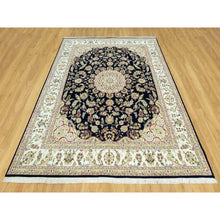 Load image into Gallery viewer, 7&#39;9&quot;x9&#39;9&quot; Dark Night Blue, Nain Organic Wool With Large Central Medallion Surrounded By Floral Design, Oriental 250 Kpsi Hand Knotted Rug FWR542940