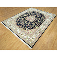 Load image into Gallery viewer, 7&#39;9&quot;x9&#39;9&quot; Dark Night Blue, Nain Organic Wool With Large Central Medallion Surrounded By Floral Design, Oriental 250 Kpsi Hand Knotted Rug FWR542940
