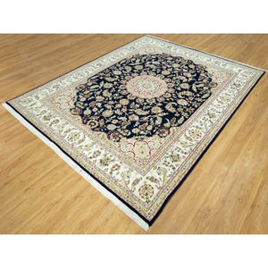 7'9"x9'9" Dark Night Blue, Nain Organic Wool With Large Central Medallion Surrounded By Floral Design, Oriental 250 Kpsi Hand Knotted Rug FWR542940