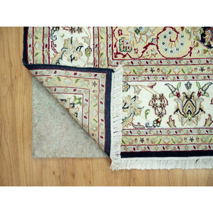 7'9"x9'9" Dark Night Blue, Nain Organic Wool With Large Central Medallion Surrounded By Floral Design, Oriental 250 Kpsi Hand Knotted Rug FWR542940