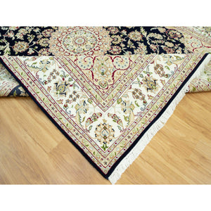 7'9"x9'9" Dark Night Blue, Nain Organic Wool With Large Central Medallion Surrounded By Floral Design, Oriental 250 Kpsi Hand Knotted Rug FWR542940