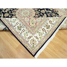 Load image into Gallery viewer, 7&#39;9&quot;x9&#39;9&quot; Dark Night Blue, Nain Organic Wool With Large Central Medallion Surrounded By Floral Design, Oriental 250 Kpsi Hand Knotted Rug FWR542940