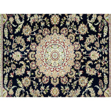 Load image into Gallery viewer, 7&#39;9&quot;x9&#39;9&quot; Dark Night Blue, Nain Organic Wool With Large Central Medallion Surrounded By Floral Design, Oriental 250 Kpsi Hand Knotted Rug FWR542940