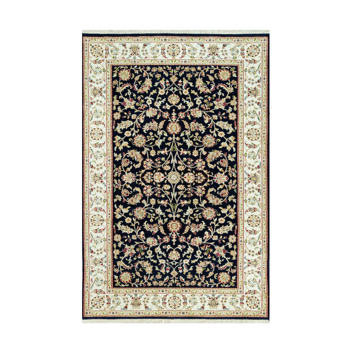 5'x8' Vulcan Blue With Satin White Border, Extra Soft Wool Nain Repetitive Flower Design, Hand Knotted 250 KPSI, Oriental Rug FWR542952