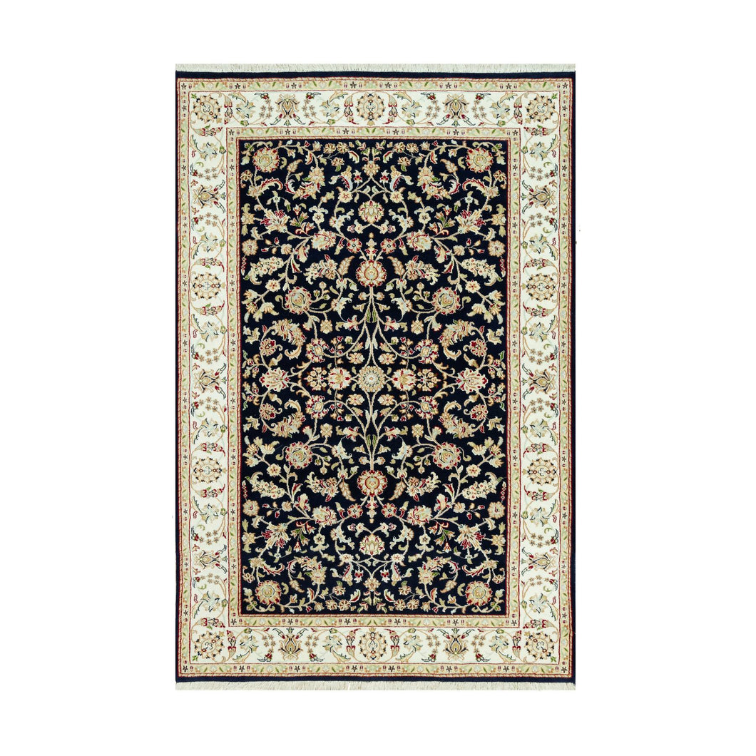 5'x8' Vulcan Blue With Satin White Border, Extra Soft Wool Nain Repetitive Flower Design, Hand Knotted 250 KPSI, Oriental Rug FWR542952