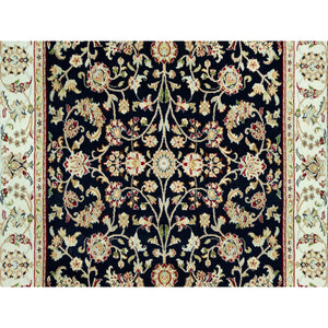 5'x8' Vulcan Blue With Satin White Border, Extra Soft Wool Nain Repetitive Flower Design, Hand Knotted 250 KPSI, Oriental Rug FWR542952