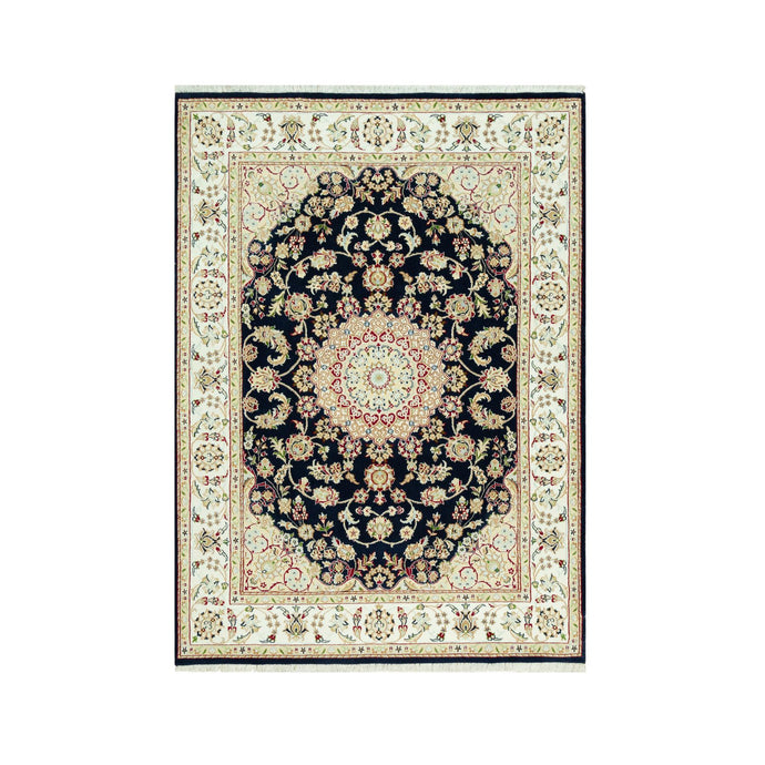 5'x7' Hague Blue With Cornsilk Corners, Nain Hand Knotted Center Large Medallion Flower Design, Organic Wool, Oriental Rug FWR542958