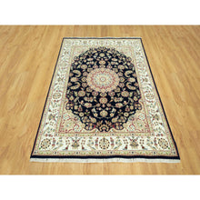 Load image into Gallery viewer, 5&#39;x7&#39; Hague Blue With Cornsilk Corners, Nain Hand Knotted Center Large Medallion Flower Design, Organic Wool, Oriental Rug FWR542958
