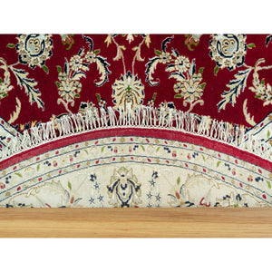 8'x8' Barn Red, Densely Woven 250 KPSI, Soft Wool, Hand Knotted Nain Large Center Medallion Flower Design, Oriental Round Rug FWR542976